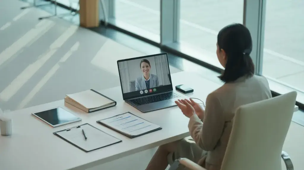 特定技能外国人向けの事前ガイダンスをオンラインで説明する企業担当者のイメージ